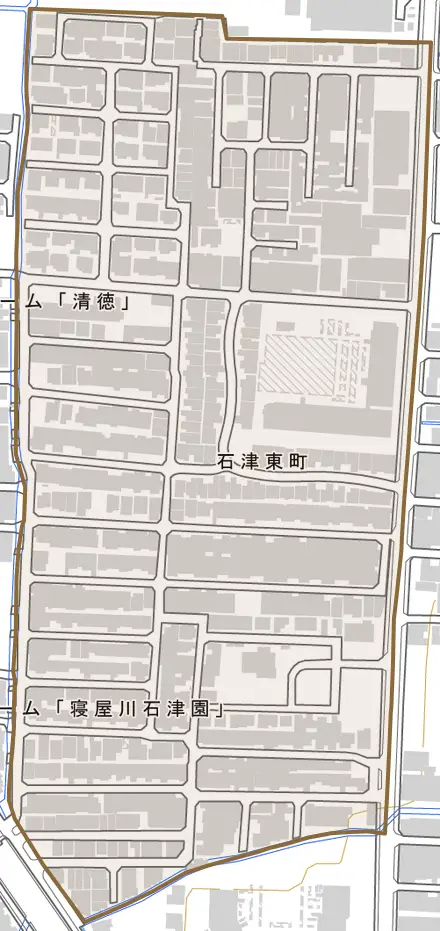 石津東町とその周辺の地図。町の範囲を重ねている