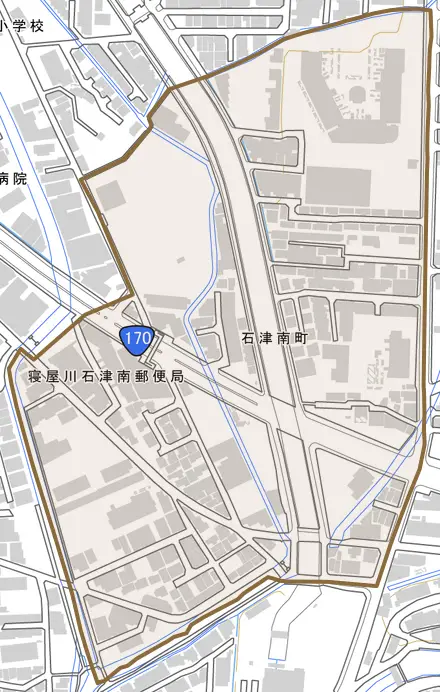石津南町とその周辺の地図。町の範囲を重ねている