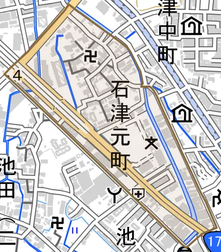 石津元町とその周辺の地図。町の範囲を重ねている