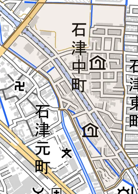 石津中町とその周辺の地図。町の範囲を重ねている
