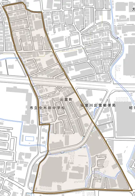 出雲町とその周辺の地図。町の範囲を重ねている