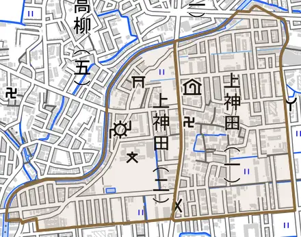 上神田とその周辺の地図。町の範囲を重ねている