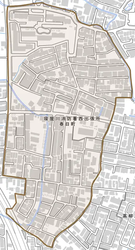 春日町とその周辺の地図。町の範囲を重ねている