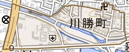 川勝町とその周辺の地図。町の範囲を重ねている