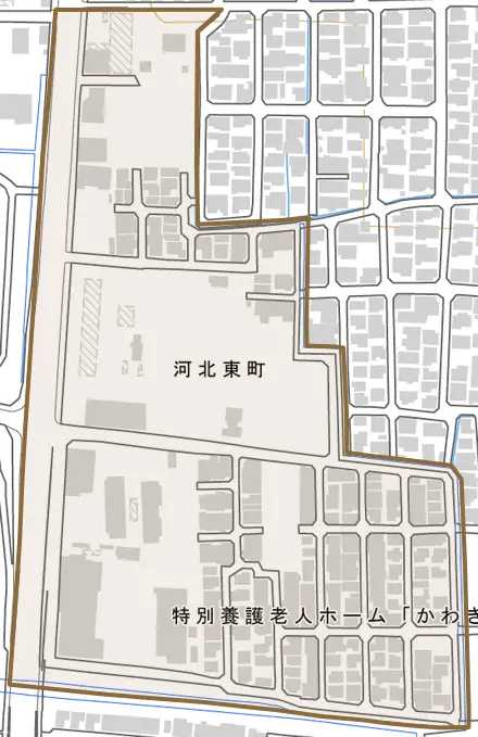 河北東町とその周辺の地図。町の範囲を重ねている