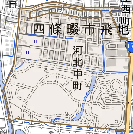 河北中町とその周辺の地図。町の範囲を重ねている