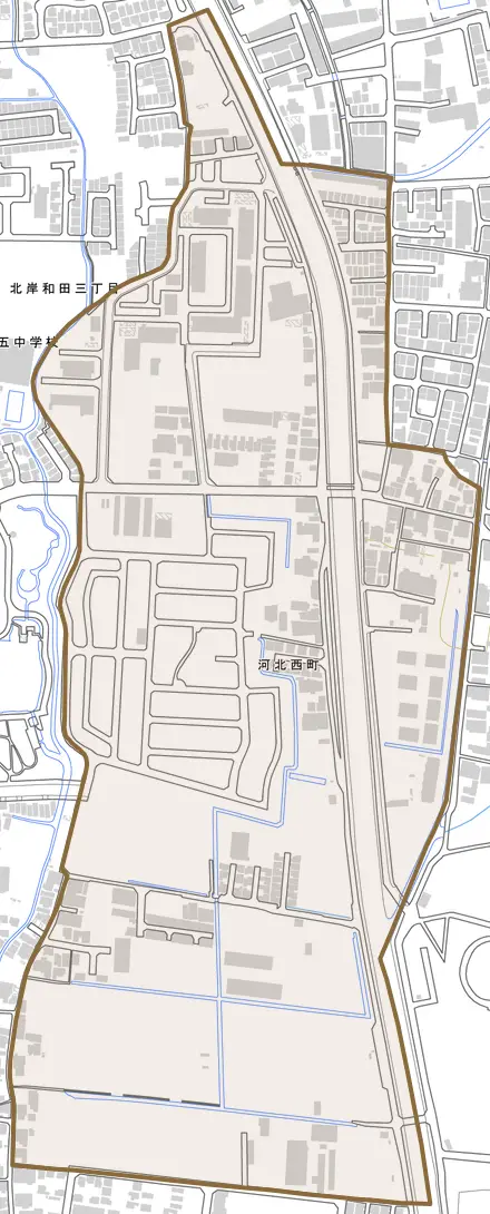 河北西町とその周辺の地図。町の範囲を重ねている