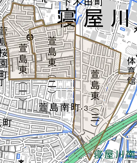 萱島東とその周辺の地図。町の範囲を重ねている