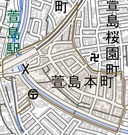 萱島本町とその周辺の地図。町の範囲を重ねている