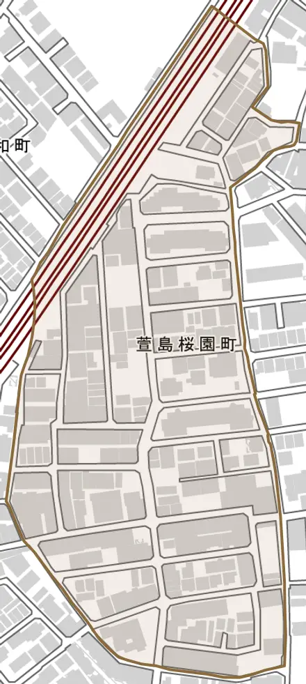 萱島桜園町とその周辺の地図。町の範囲を重ねている