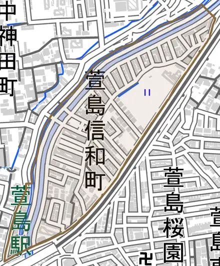 萱島信和町とその周辺の地図。町の範囲を重ねている