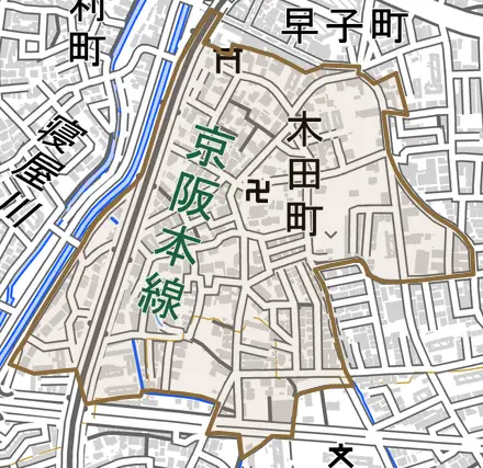 木田町とその周辺の地図。町の範囲を重ねている
