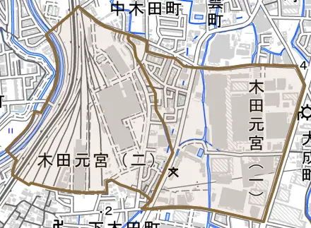 木田元宮とその周辺の地図。町の範囲を重ねている