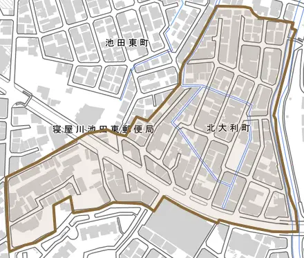 北大利町とその周辺の地図。町の範囲を重ねている
