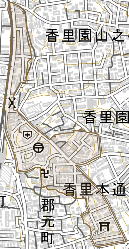 香里本通町とその周辺の地図。町の範囲を重ねている