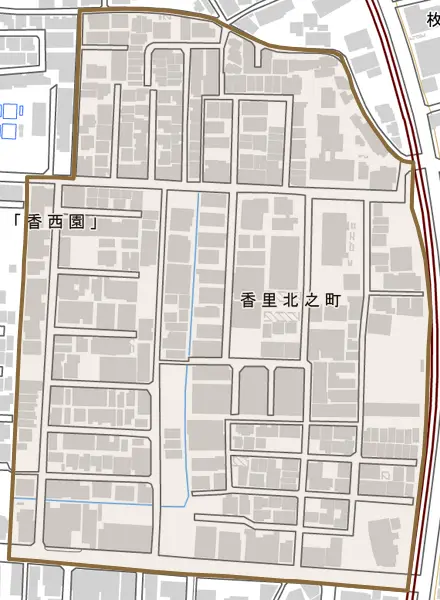 香里北之町とその周辺の地図。町の範囲を重ねている