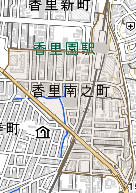 香里南之町とその周辺の地図。町の範囲を重ねている