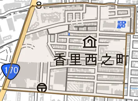 香里西之町とその周辺の地図。町の範囲を重ねている