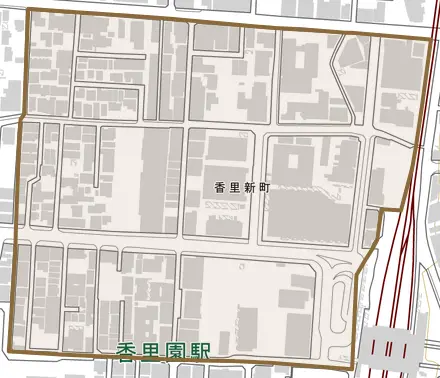 香里新町とその周辺の地図。町の範囲を重ねている