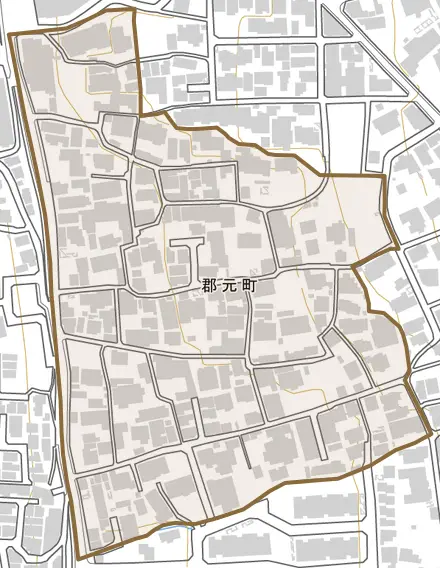郡元町とその周辺の地図。町の範囲を重ねている