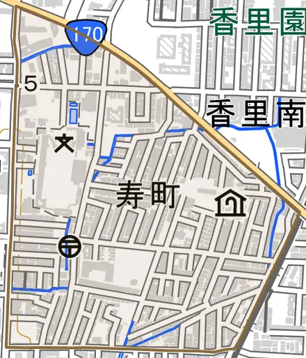 寿町とその周辺の地図。町の範囲を重ねている