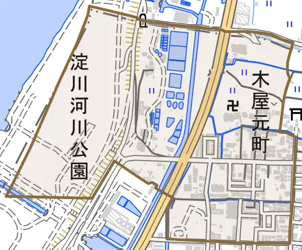 木屋元町とその周辺の地図。町の範囲を重ねている