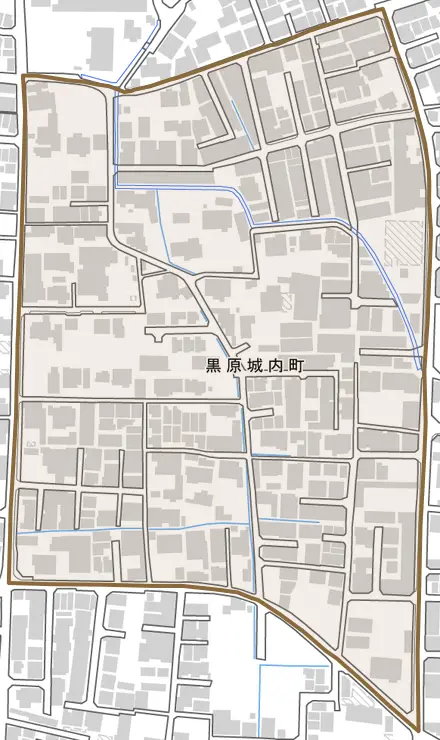 黒原城内町とその周辺の地図。町の範囲を重ねている