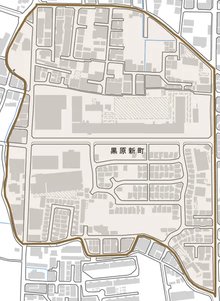 黒原新町とその周辺の地図。町の範囲を重ねている