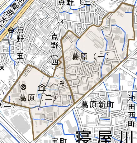 葛原とその周辺の地図。町の範囲を重ねている