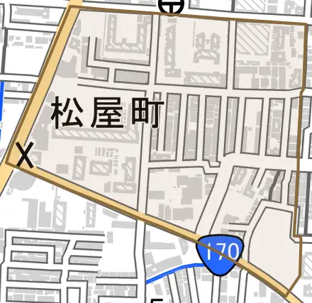 松屋町とその周辺の地図。町の範囲を重ねている