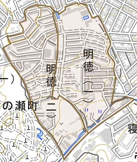 明徳とその周辺の地図。町の範囲を重ねている