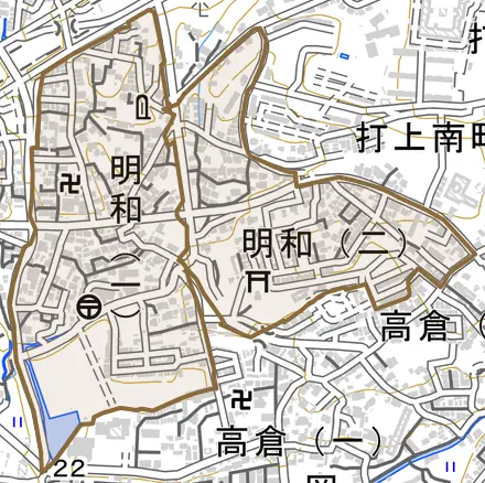 明和とその周辺の地図。町の範囲を重ねている