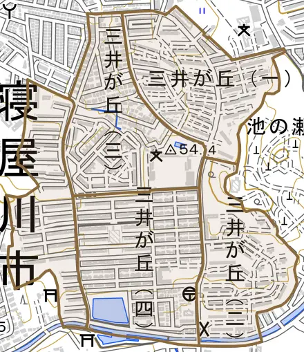 三井が丘とその周辺の地図。町の範囲を重ねている