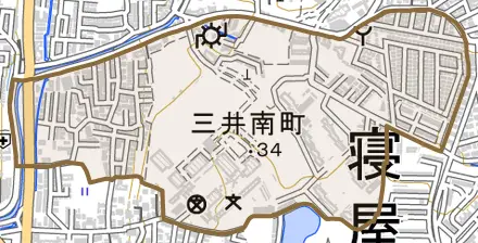 三井南町とその周辺の地図。町の範囲を重ねている