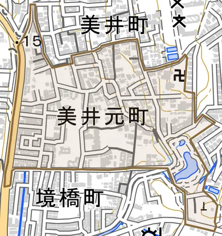 美井元町とその周辺の地図。町の範囲を重ねている