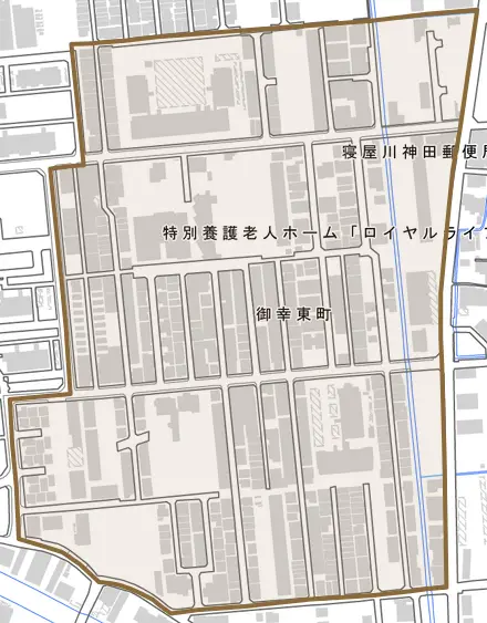 御幸東町とその周辺の地図。町の範囲を重ねている