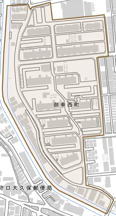 御幸西町とその周辺の地図。町の範囲を重ねている