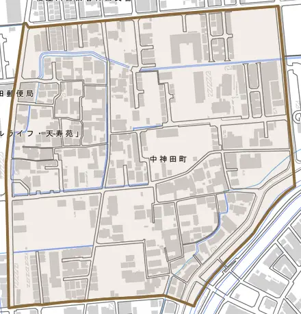 中神田町とその周辺の地図。町の範囲を重ねている