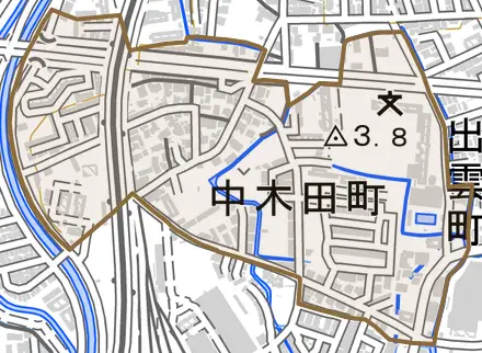 中木田町とその周辺の地図。町の範囲を重ねている