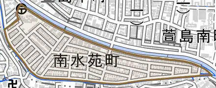 南水苑町とその周辺の地図。町の範囲を重ねている