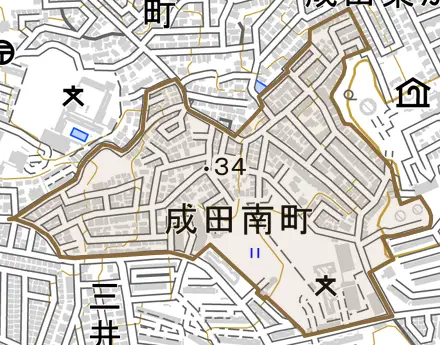 成田南町とその周辺の地図。町の範囲を重ねている