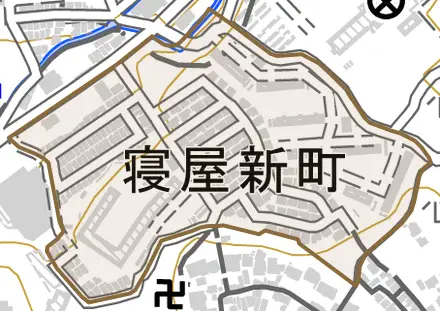 寝屋新町とその周辺の地図。町の範囲を重ねている