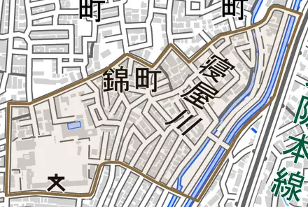 錦町とその周辺の地図。町の範囲を重ねている