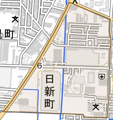 日新町とその周辺の地図。町の範囲を重ねている
