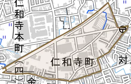 仁和寺町とその周辺の地図。町の範囲を重ねている