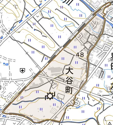 大谷町とその周辺の地図。町の範囲を重ねている