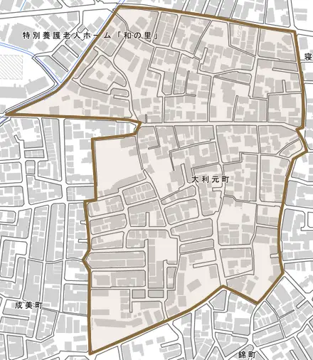 大利元町とその周辺の地図。町の範囲を重ねている
