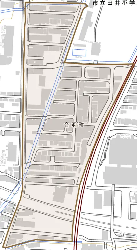 音羽町とその周辺の地図。町の範囲を重ねている