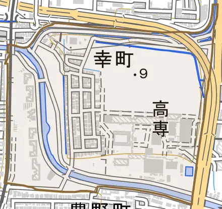 幸町とその周辺の地図。町の範囲を重ねている