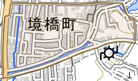 境橋町とその周辺の地図。町の範囲を重ねている